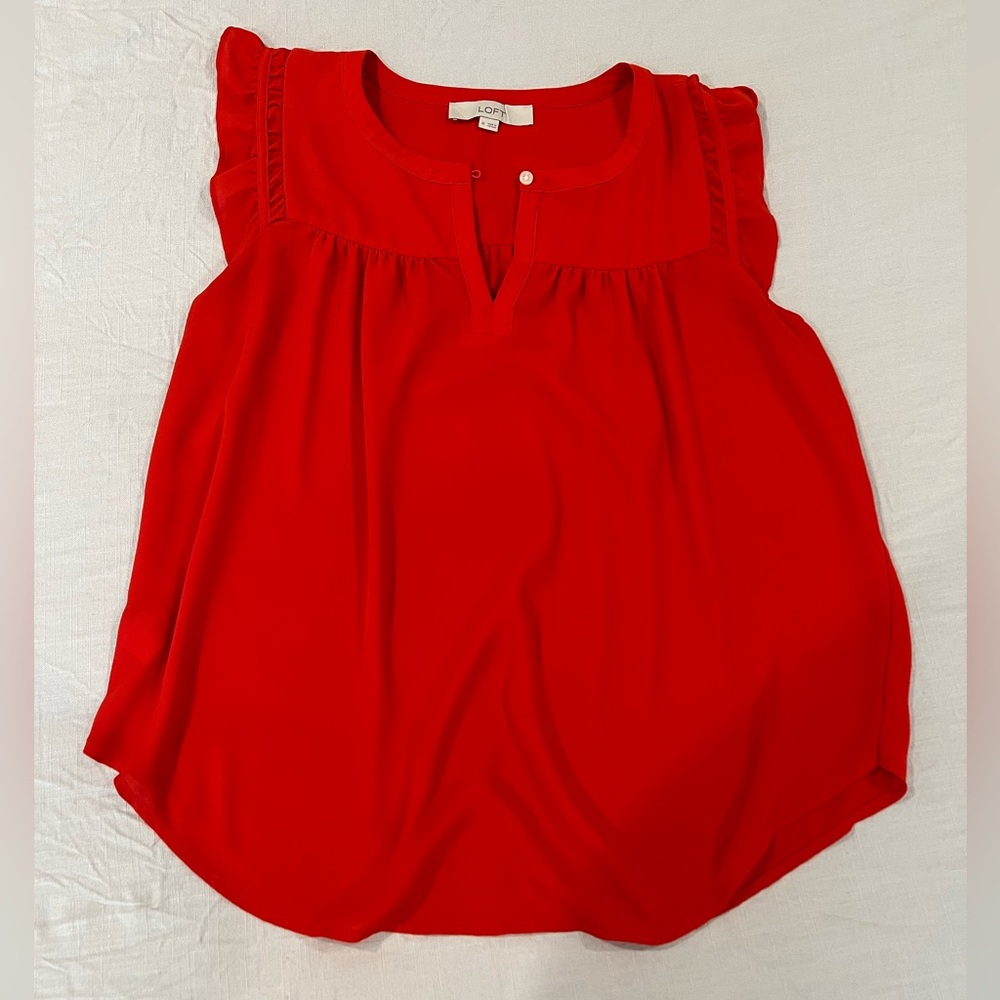 LOFT red tank. Flutter sleeves. Silky poly blend. Size M